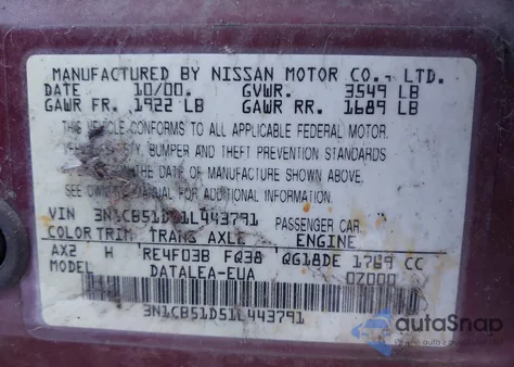 2001 Nissan Sentra Gxe из США, поврежденный, VIN 3N1CB51D51L443791